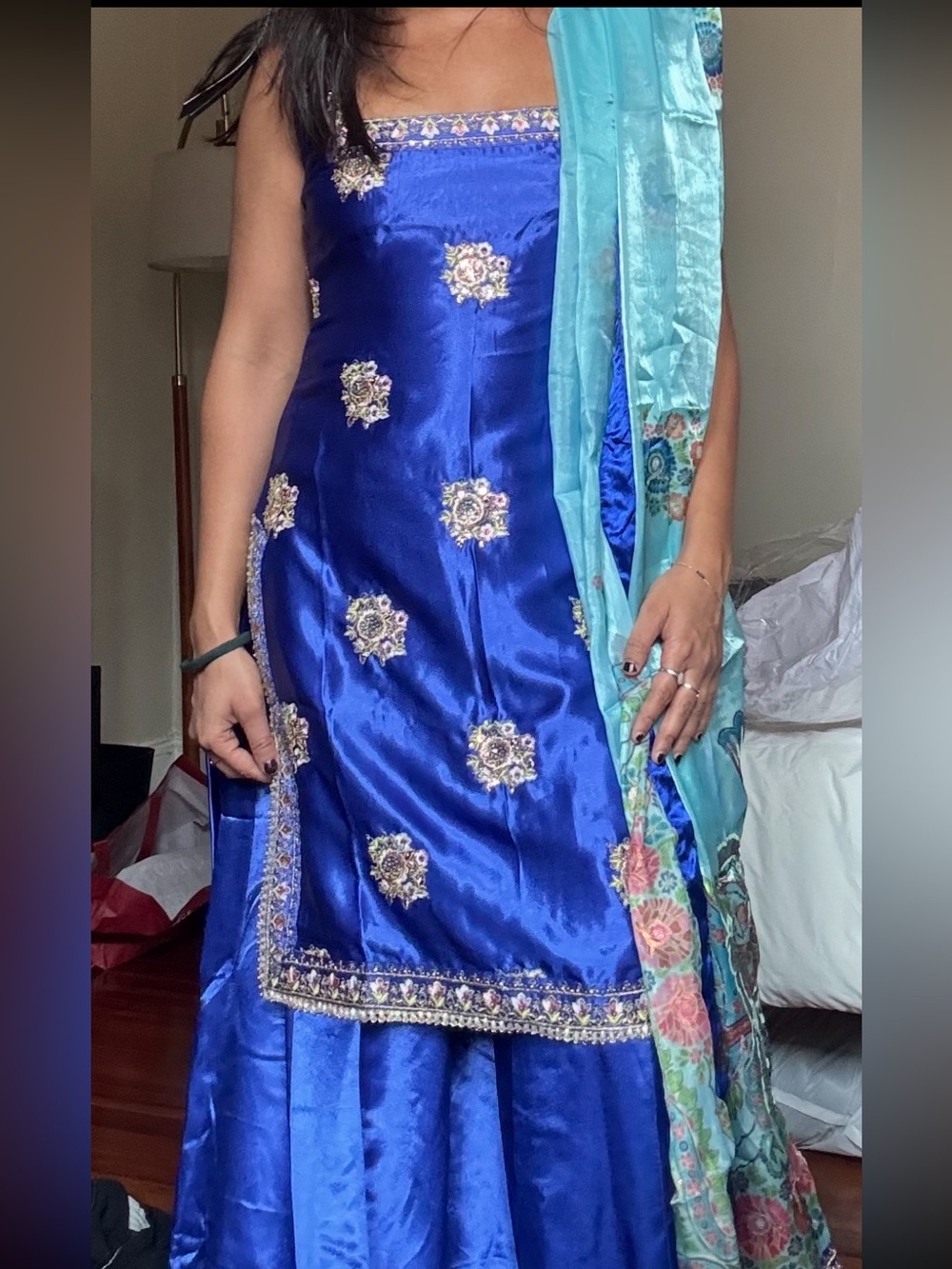 Royal Blue Embellished Women’s Indian Dress with Aqua Dupatta - Sharara